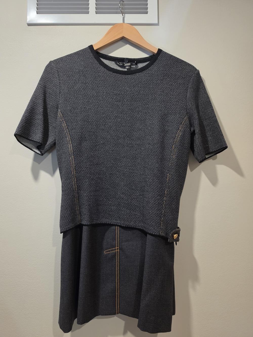 Vintage Gianfranco Ferre Skirt Set Wool Knit Top Midi Skirt Gray 2 Pc Italy 44